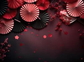 ai genererad papper fläktar och lyktor i de färger av kinesisk ny år foto