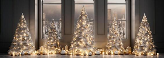 ai genererad ett vit, en silver- och guld jul träd foto