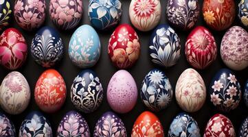 ai genererad hundratals av målad påsk ägg fodrad upp, bakgrund bild foto