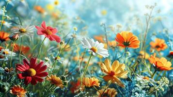 ai genererad en Semester bakgrund med blomning blommor, vibrerande färger foto