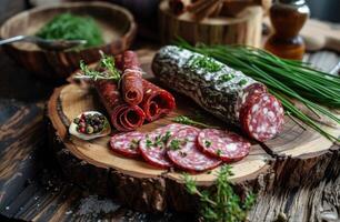 ai genererad salami, gräslök och Övrig Ingredienser sitta på en trä- tallrik, foto
