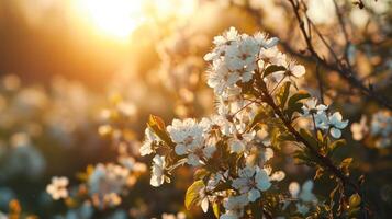 ai genererad morgon- bakgrund med blomning blommor, mjuk solljus foto