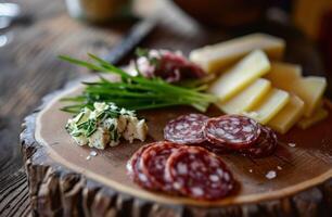 ai genererad salami, gräslök och Övrig Ingredienser sitta på en trä- tallrik, foto