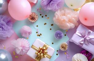 ai genererad pastell och aqua ballonger med konfetti på lila bakgrund foto
