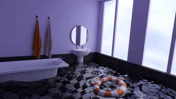 illustration av en overkligt realistisk badrum. design. drömma av översvämmad bad med vatten av de golv och en flytande livboj. foto