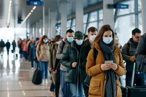 ai genererad människor reser linje upp isär på flygplats med ansikte mask - generativ ai foto