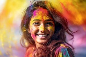 ai genererad holi festival, porträtt av en ung kvinna i färgrik pulver explosion. generativ ai. foto