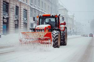 ai genererad traktor med snö plog anknytning clearing snö på vinter- . generativ ai foto