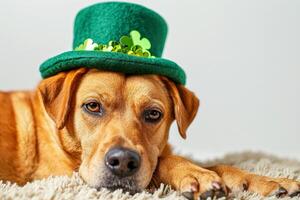 ai genererad en hund porträtt med en hatt för st. Patricks dag, i de stil av fantasi illustration. generativ ai foto