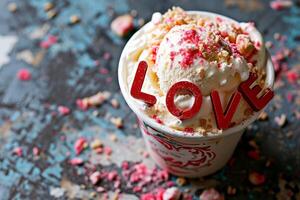ai genererad en is grädde kopp med kärlek ord för valentine begrepp . generativ ai foto