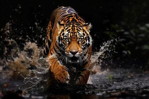 ai genererad en stänga upp av en tiger i de vatten med en stänk av vatten på dess ansikte och dess ansikte. foto