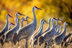 ai genererad en flock av sandbacke kranar under deras falla migration. ai generativ foto