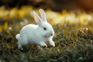 ai genererad en kanin löpning i en fält av grön gräs. generativ ai foto