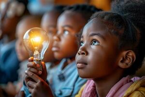 ai genererad afrikansk barn innehav en ljus Glödlampa i de klassrum, begrepp av idéer och kreativitet. generativ ai foto