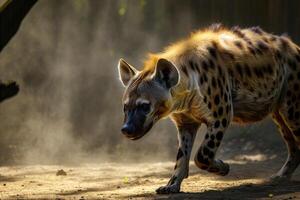 ai genererad stänga upp av hyena promenader tvärs över fält. generativ ai foto