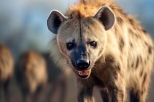 ai genererad stänga upp av hyena promenader tvärs över fält. generativ ai foto