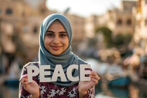 ai genererad arab kvinna håll fred kartong i de stad bakgrund . ai genererad, foto
