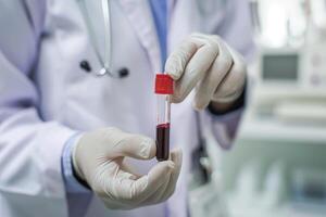 ai genererad läkare innehav blod rör testa i de forskning laboratorium. hälsa för kolla upp upp . generativ ai foto