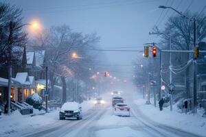 ai genererad vinter- i de stad, snöstorm, snöstorm, generativ ai foto