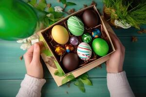 ai genererad kvinna håll choklad elegant påsk ägg, i en låda. ai generativ foto
