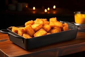 ai genererad stål bricka prakt hyperrealistiskt kyckling nuggets på trä spannmål foto