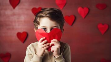 ai genererad en blyg liten pojke innehav en papper hjärta form och dölja Bakom den på röd bakgrund foto