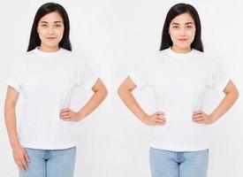 framsikter av ung asiatisk, koreansk sexig kvinna i snygg t-shirt på vit bakgrund. håna för design. kopiera utrymme. mall. tom foto