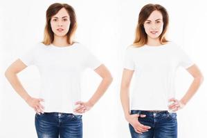 ange kvinnor t -shirt isolerad på vit bakgrund, bakifrån och framifrån flickor i vit tröja foto