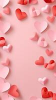 ai genererad platt lägga papper skära röd hjärtan på pastell rosa bakgrund. valentines dag, mödrar dag årsdag foto