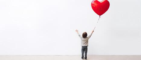 ai genererad tillbaka se av en unge höjning vapen med röd kärlek valentine hjärta formad ballong isolerat på vit bakgrund foto