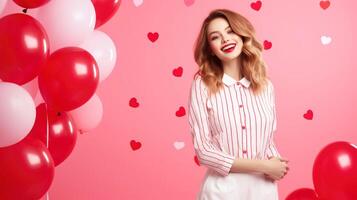 ai genererad glad skönhet flicka med röd och rosa ballong leende på rosa bakgrund, valentines begrepp foto