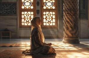 ai genererad muslim kvinnor bön- för de välsignelser av allah på de moské foto