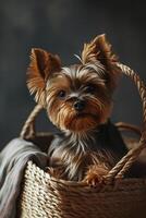 ai genererad chic yorkie resa en modern äventyr i de bärare väska foto