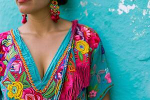 ai genererad strålnings elegans kvinna i färgrik mexikansk inspirerad klädsel foto