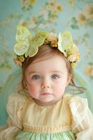 ai genererad pastell glädje småbarns lekfull utrusta med grön och gul fjäril motiv foto