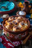 ai genererad folklore fest capirotada mexikansk bröd pudding på en enkel bakgrund foto