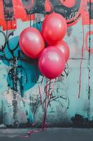 ai genererad urban atmosfär ballonger i en knippa popping mot en vibrerande graffiti vägg foto