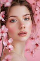 ai genererad vår blomma skönhet kvinna i pastell rosa blommig baner foto