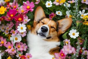 ai genererad springtime vifta en skön baner terar en Lycklig hund i natur foto