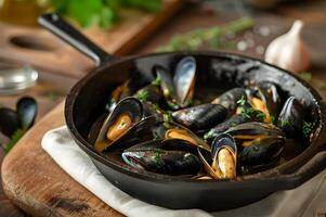 ai genererad kulinariska kust charm spanska musslor i en folkinspirerad presentation foto