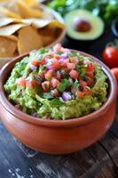 ai genererad äkta guacamole presentation i folk keramisk fullkomlighet foto