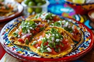 ai genererad tostada fiesta färsk pålägg på en färgrik folk keramisk tallrik foto