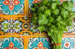 ai genererad vibrerande väsen färsk mexikansk Ingredienser med folk mönster bakgrund foto
