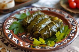 ai genererad meze mästerverk fylld druva löv på folkmönstrat tallrik foto