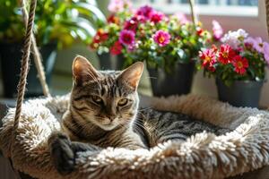 ai genererad katt i sällskapsdjur säng nära en solig fönster med hängande korgar av vår blommor. generativ ai foto