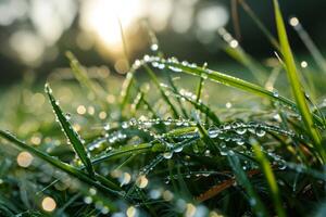 ai genererad närbild av vatten droppar på en grön gräs. generativ ai foto