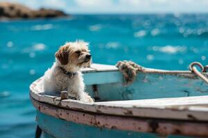 ai genererad hund på en båt nära de strand. små hund i en trä- båt på de sjö. generativ ai foto