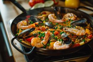 ai genererad traditionell spanska skaldjur paella med ris, musslor, räkor i en panorera. generativ ai foto