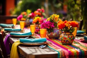 ai genererad tabell miljö i mexikansk stil. vibrerande bordsdukar och färgrik blomma arrangemang. generativ ai foto