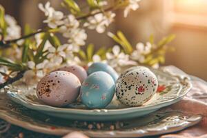 ai genererad dekorerad pastell färgad påsk ägg på årgång tallrik. generativ ai foto